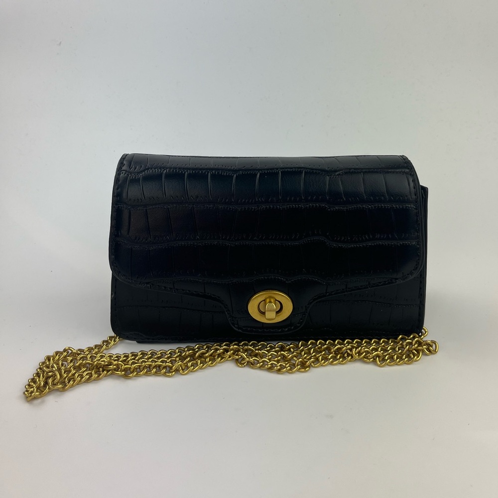 Nove Black Croc-Embossed Vegan Leather Flap Crossbody Bag